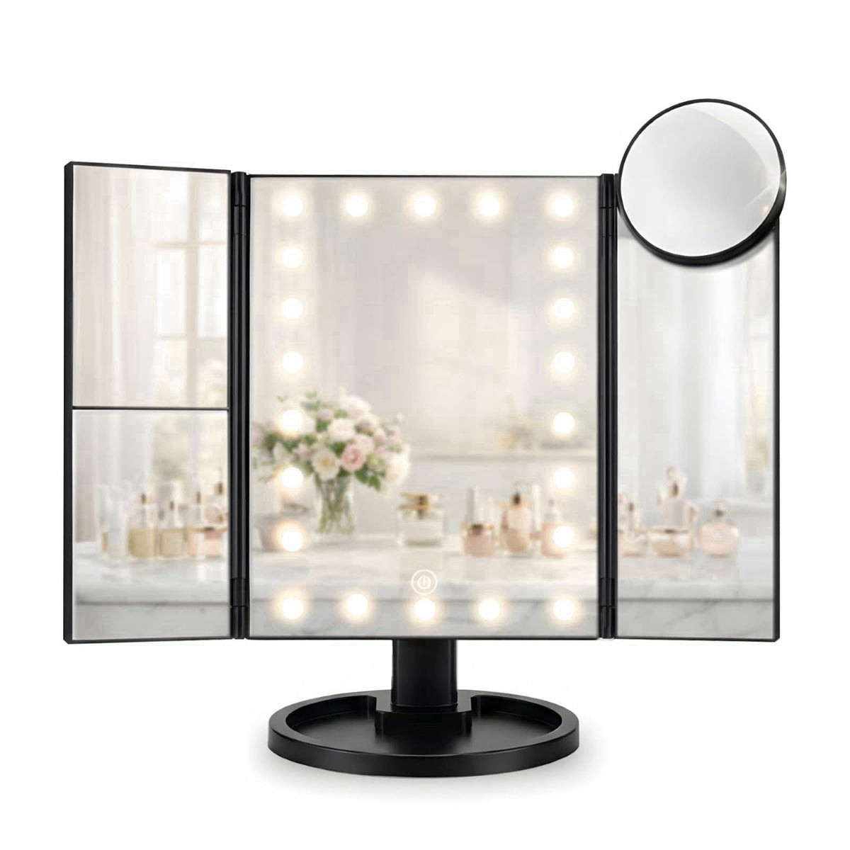 KEYFEATURES Lighted Makeup Mirror, Trifold Vanity Mirror with 22 LED Lights, 2x/3x/10x Magnification, Touch Dimming, USB