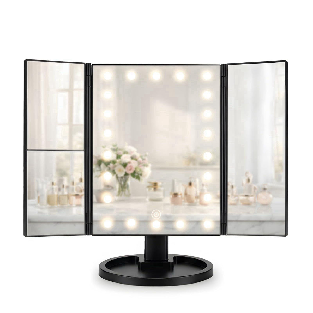 KEYFEATURES Lighted Makeup Mirror, Trifold Vanity Mirror with 22 LED Lights, 2x/3x/10x Magnification, Touch Dimming, USB
