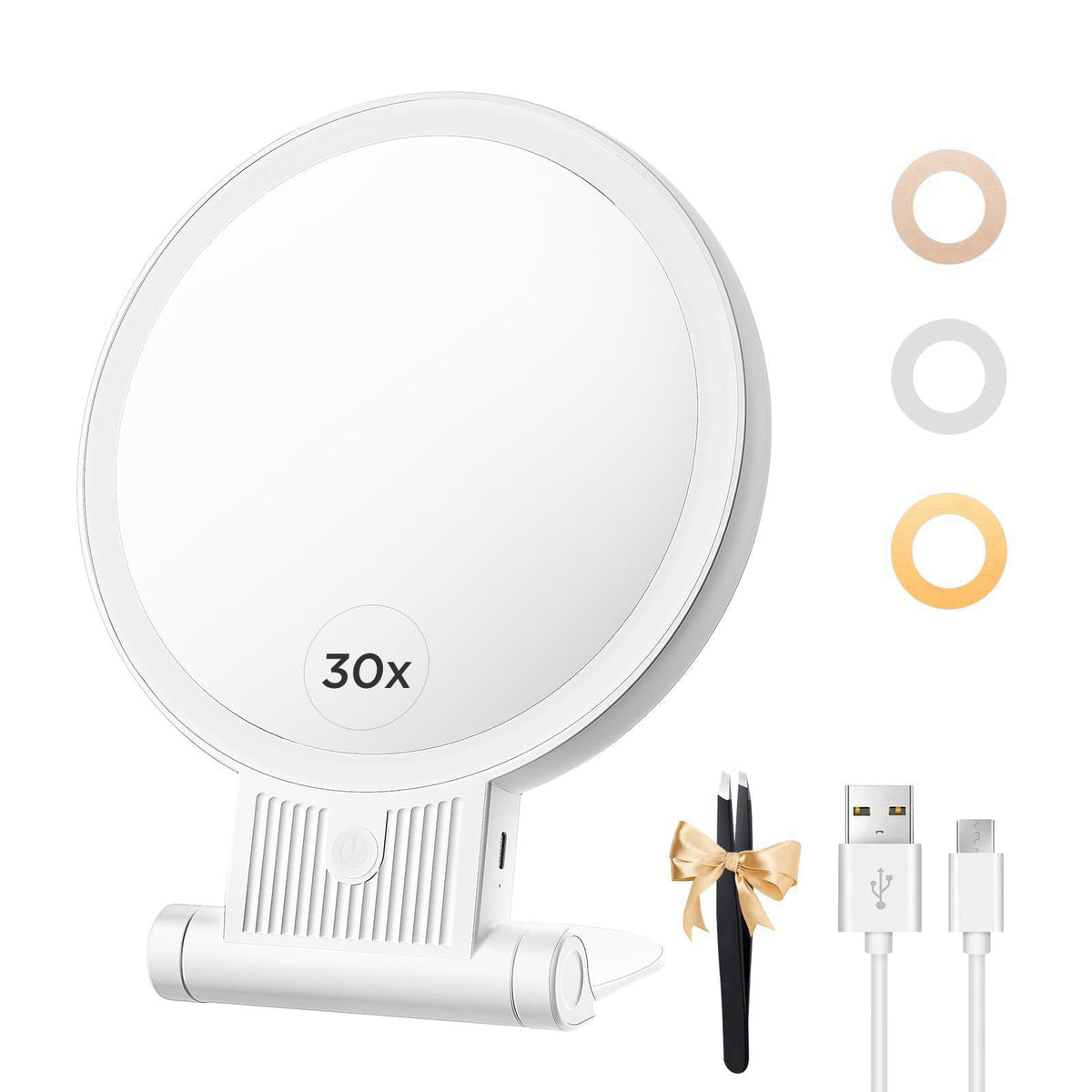 tubbede Makeup Mirror with Light, 1X/30X, 3 Colors, Rechargeable 2000mAh – product photo (Makeup Mirrors)