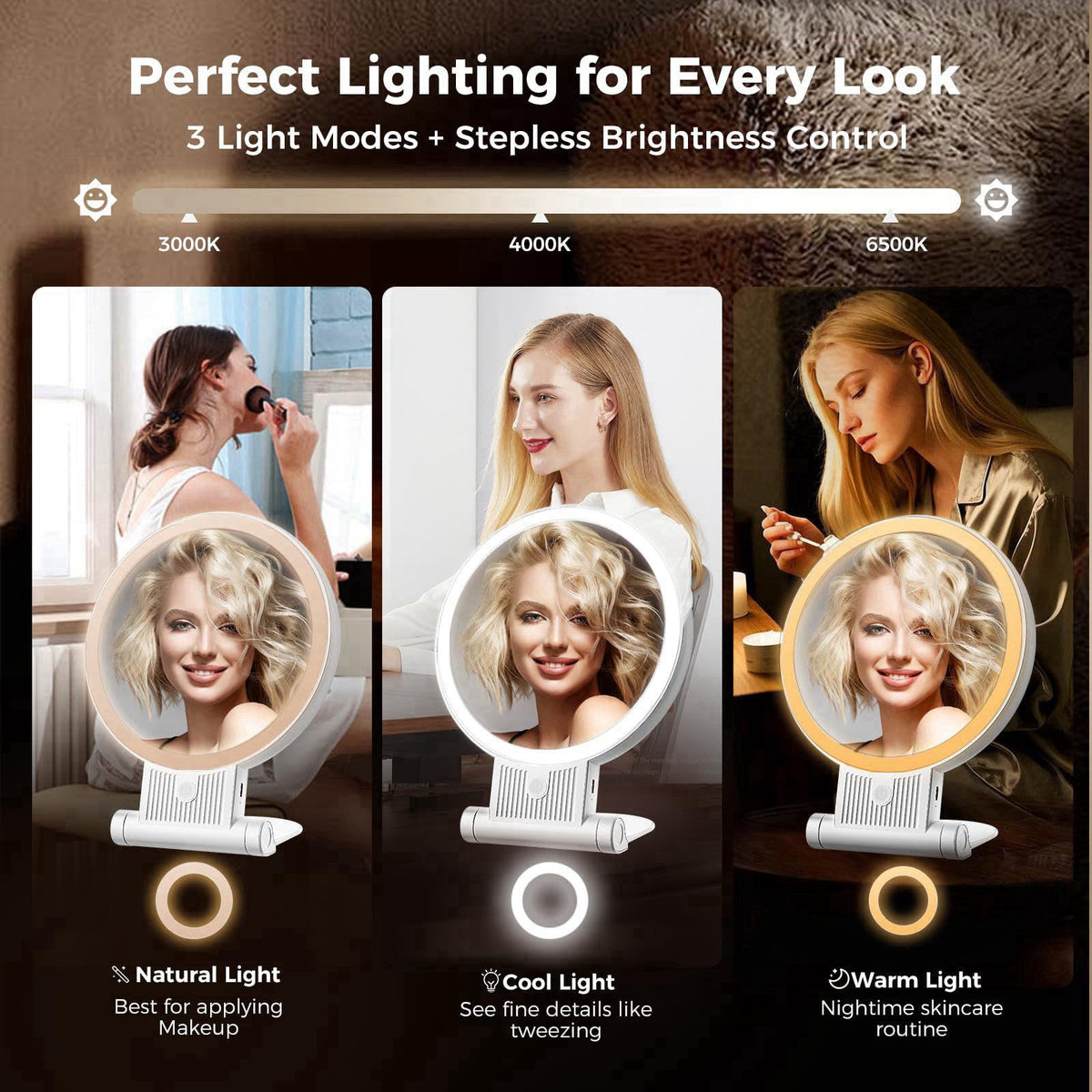 tubbede Makeup Mirror with Light, 1X/30X, 3 Colors, Rechargeable 2000mAh – close-up detail in White