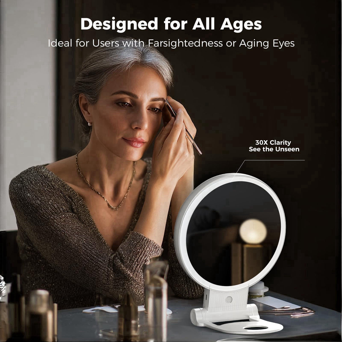 tubbede Makeup Mirror with Light, 1X/30X, 3 Colors, Rechargeable 2000mAh – back view and specifications