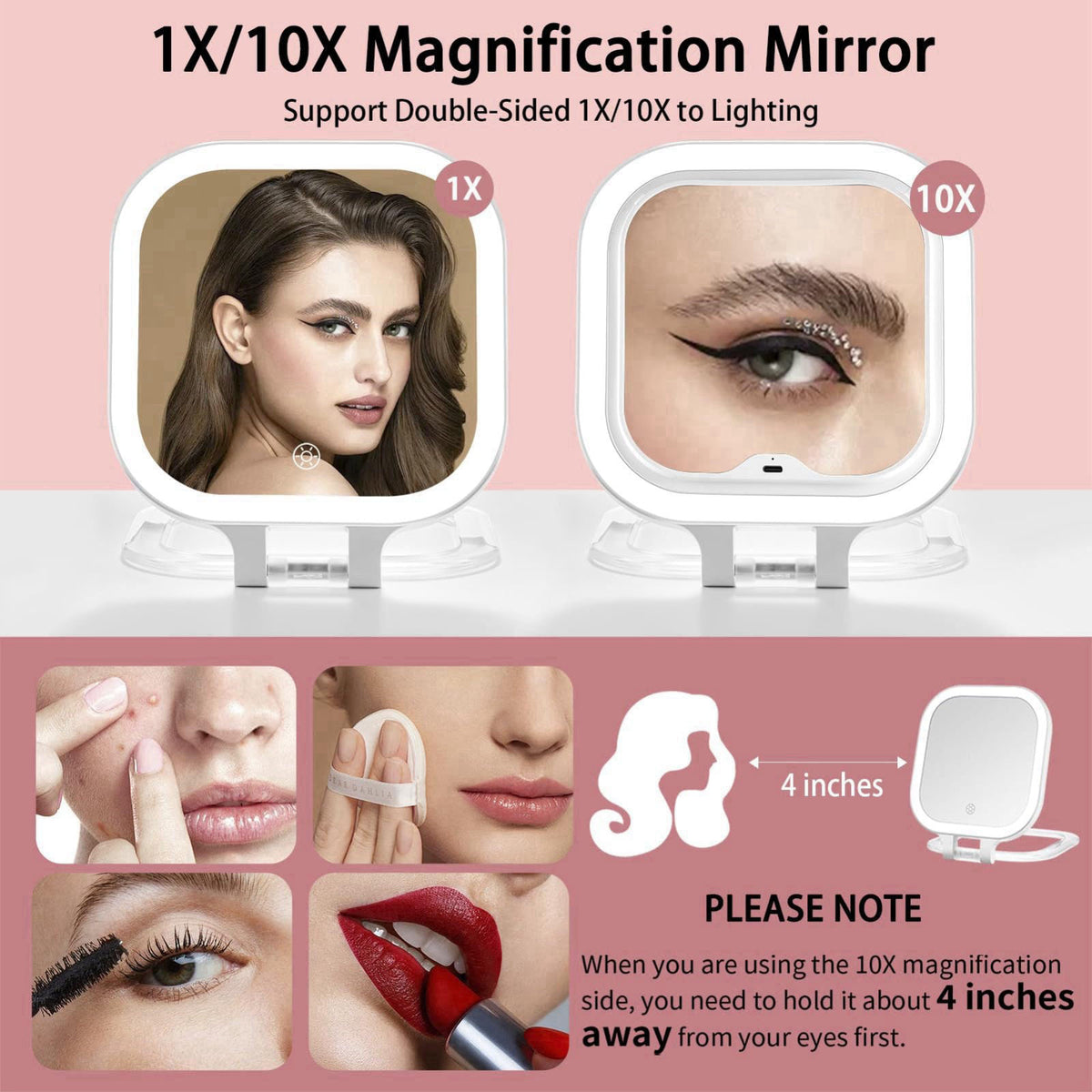 DESCHEN Travel Makeup Mirror with Lights & 1X/10X Magnifying Vanity Mirror 7" – close-up detail