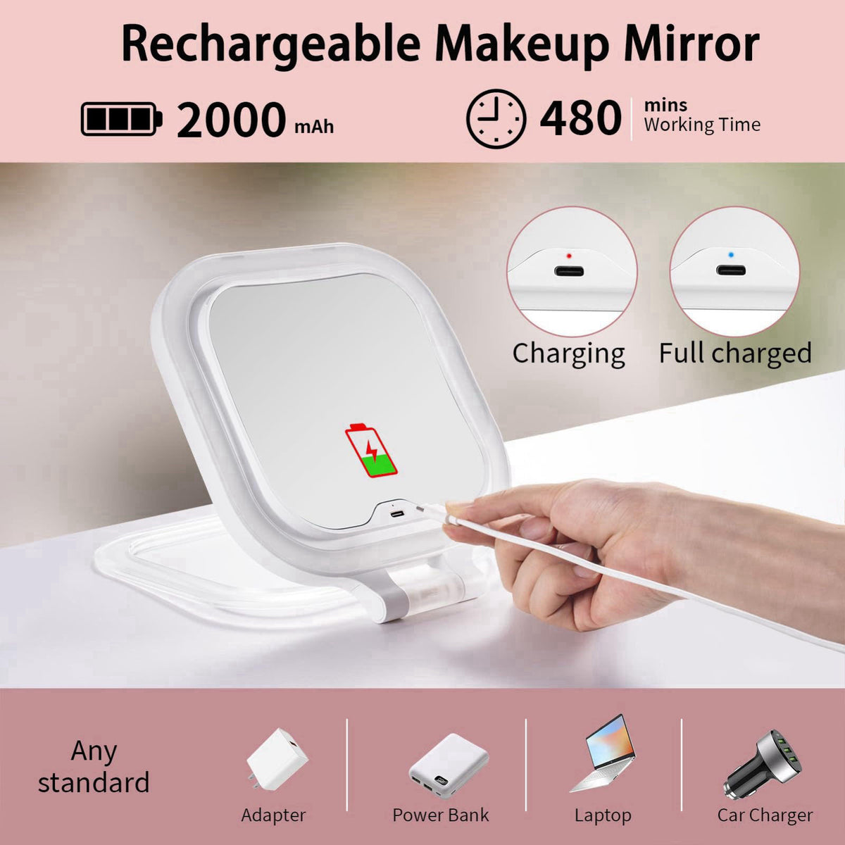 DESCHEN Travel Makeup Mirror with Lights & 1X/10X Magnifying Vanity Mirror 7" – full view