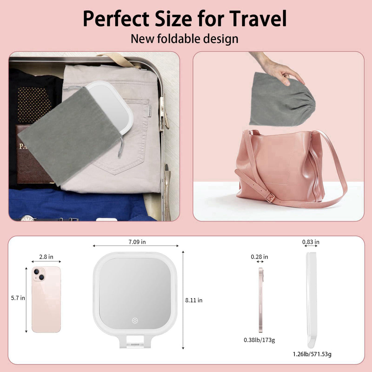 DESCHEN Travel Makeup Mirror with Lights & 1X/10X Magnifying Vanity Mirror 7" – back view and specifications