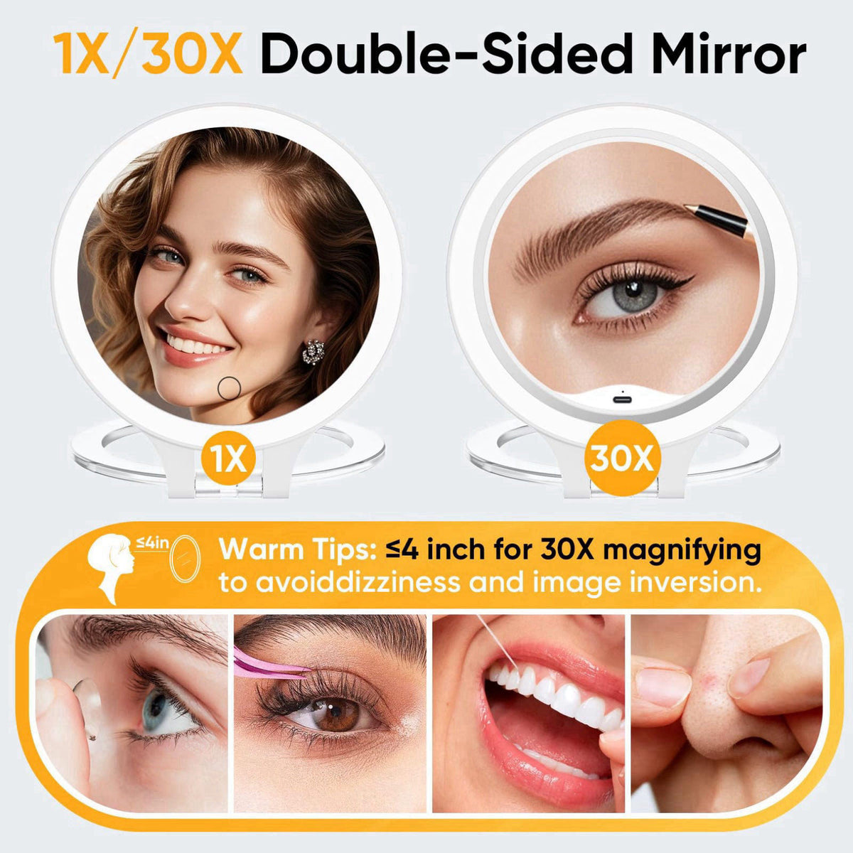 FASCINATE Travel 30X/1X Magnifying Mirror with Light Double Sided Mirror – full view