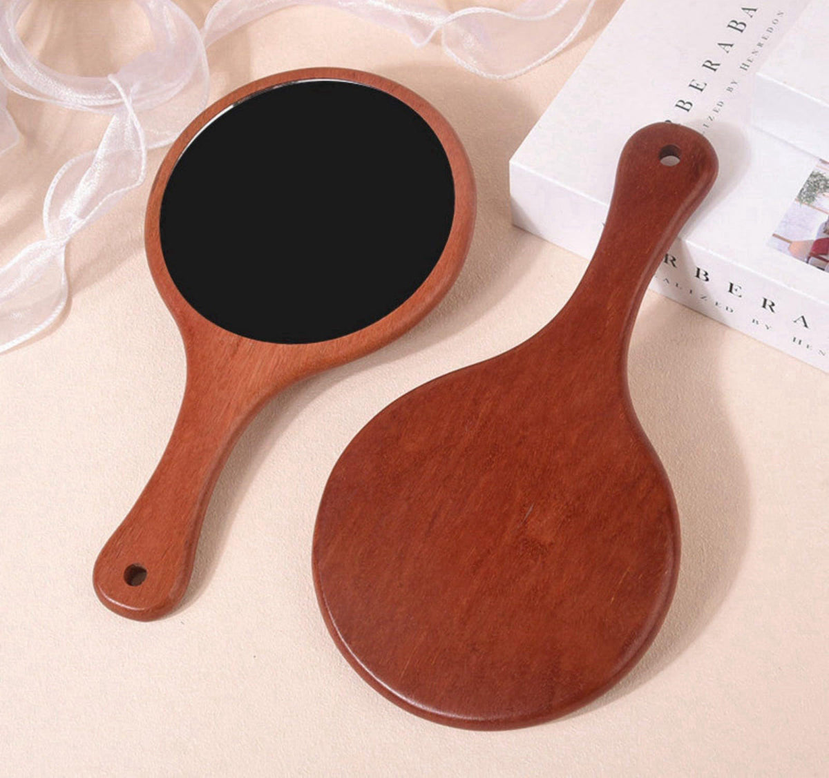 URVIP Solid Red Sandwood Handheld Mirror with Handle, HD Crystal Clear Wood Hand Mirror for Makeup, Professional Barber 