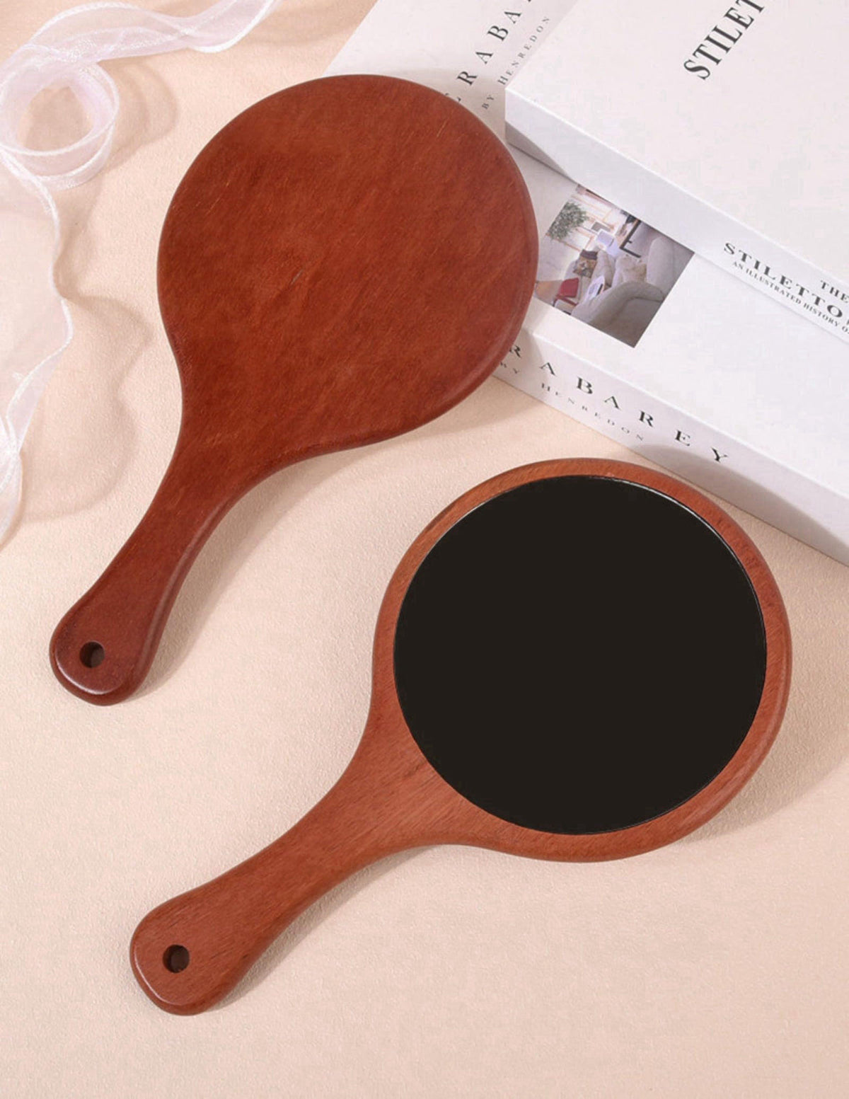 URVIP Solid Red Sandwood Handheld Mirror with Handle, HD Crystal Clear Wood Hand Mirror for Makeup, Professional Barber 