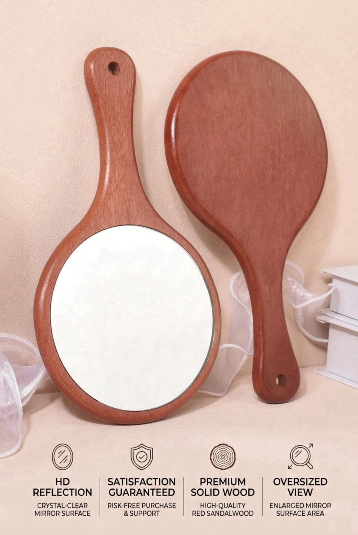URVIP Solid Red Sandwood Handheld Mirror with Handle, HD Crystal Clear Wood Hand Mirror for Makeup, Professional Barber 