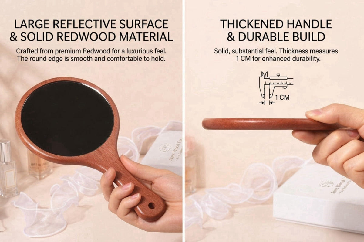 URVIP Solid Red Sandwood Handheld Mirror with Handle, HD Crystal Clear Wood Hand Mirror for Makeup, Professional Barber 