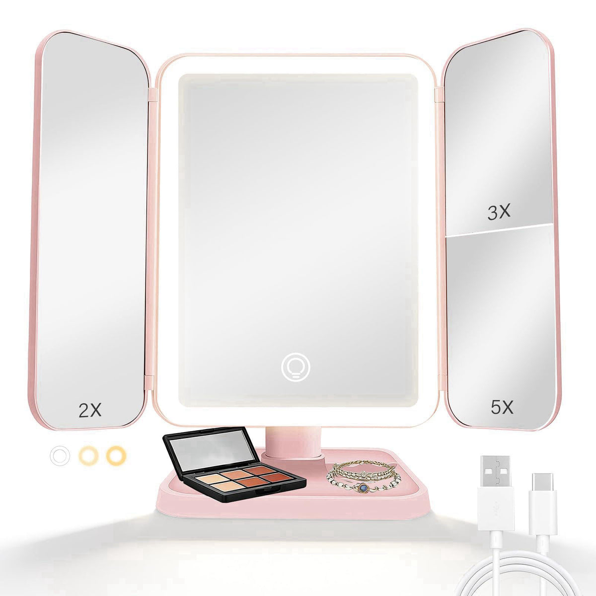 Jesmaikor Makeup Mirror with Lights, 1X/2X/3X Magnification, Rechargeable Portable Tri-Fold Mirror, 3 Color Dimmable, 18