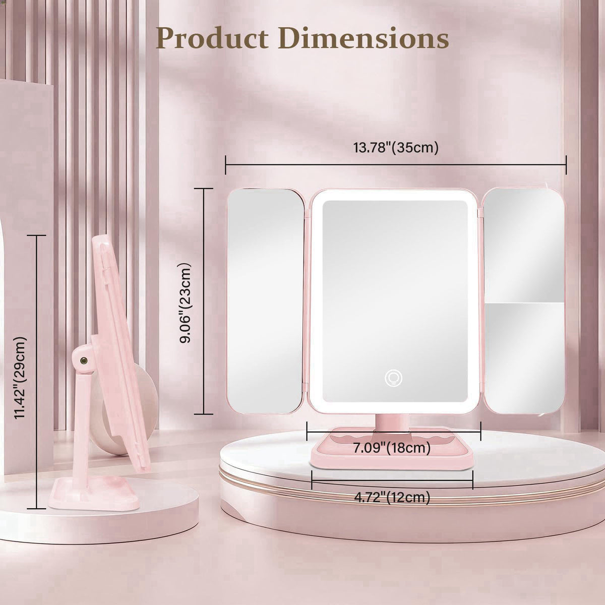Jesmaikor Makeup Mirror with Lights, 1X/2X/3X Magnification, Rechargeable Portable Tri-Fold Mirror, 3 Color Dimmable, 18