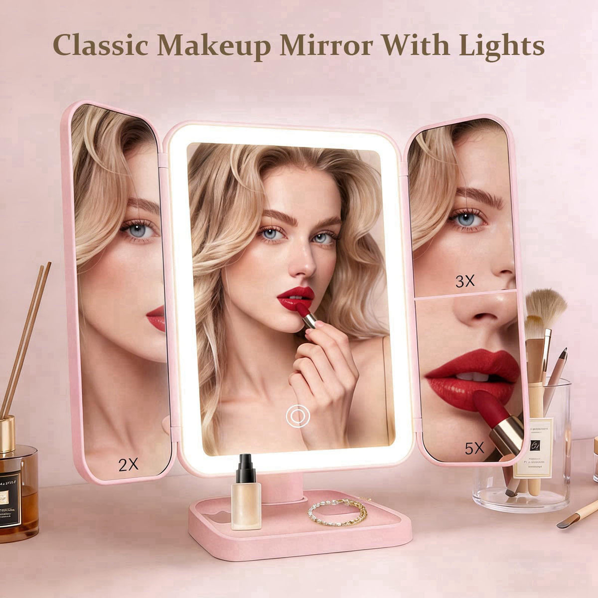 Jesmaikor Makeup Mirror with Lights, 1X/2X/3X Magnification, Rechargeable Portable Tri-Fold Mirror, 3 Color Dimmable, 18