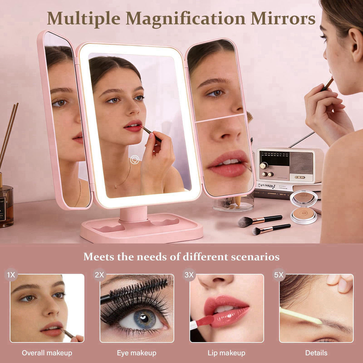 Jesmaikor Makeup Mirror with Lights, 1X/2X/3X Magnification, Rechargeable Portable Tri-Fold Mirror, 3 Color Dimmable, 18