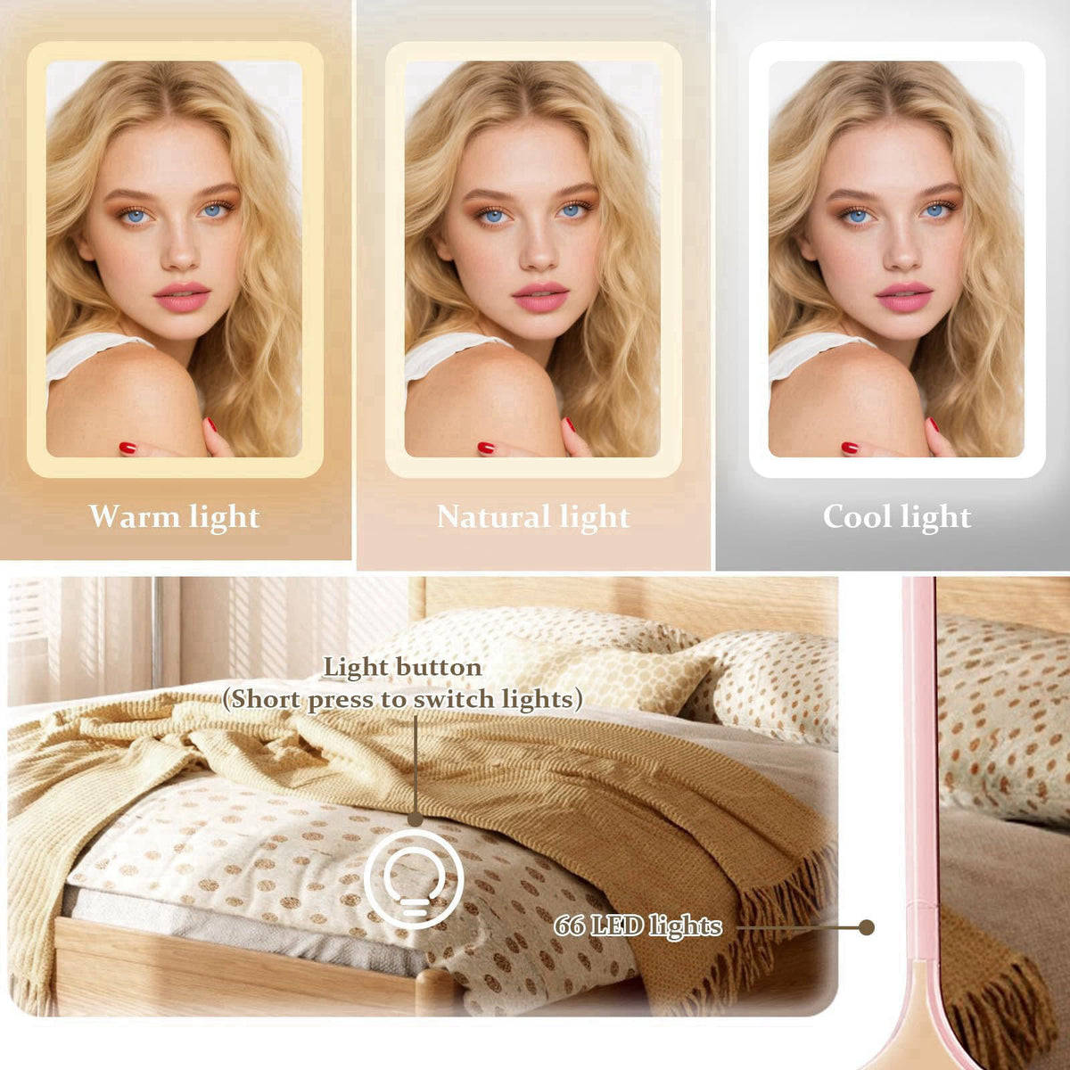 Jesmaikor Makeup Mirror with Lights, 1X/2X/3X Magnification, Rechargeable Portable Tri-Fold Mirror, 3 Color Dimmable, 18
