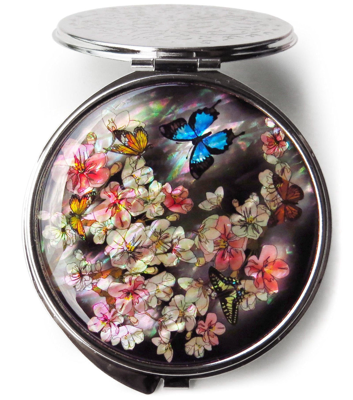 MADDesign Mother of Pearl Makeup Compact Mirror Apricot Flower Butterfly – product photo (Compact &amp; Travel Mirrors)