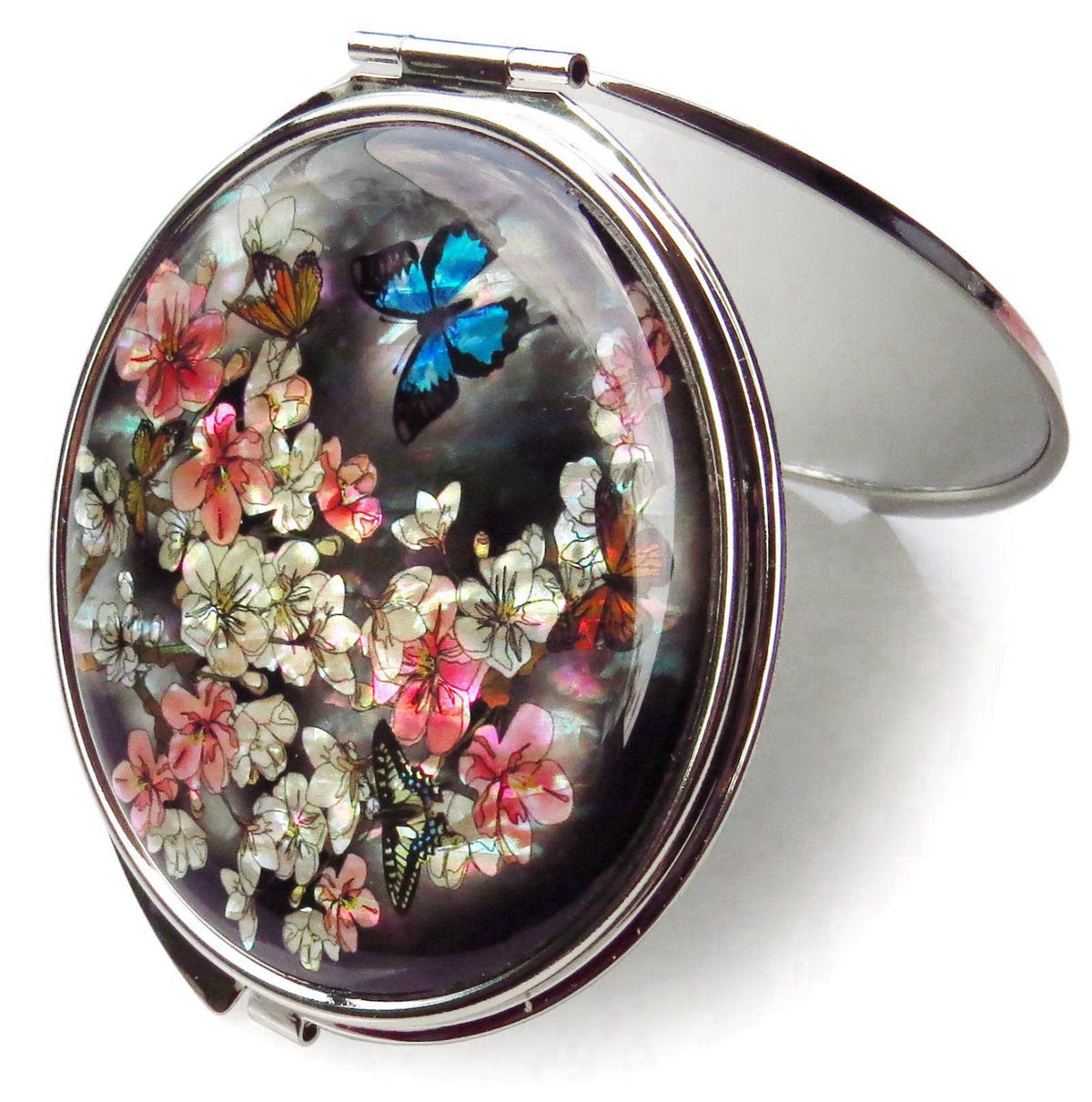 MADDesign Mother of Pearl Makeup Compact Mirror Apricot Flower Butterfly – close-up detail in Pink, Black, Gray, White, 