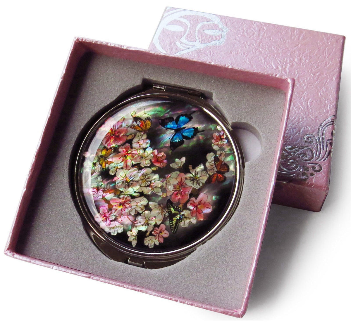 MADDesign Mother of Pearl Makeup Compact Mirror Apricot Flower Butterfly – packaging and label