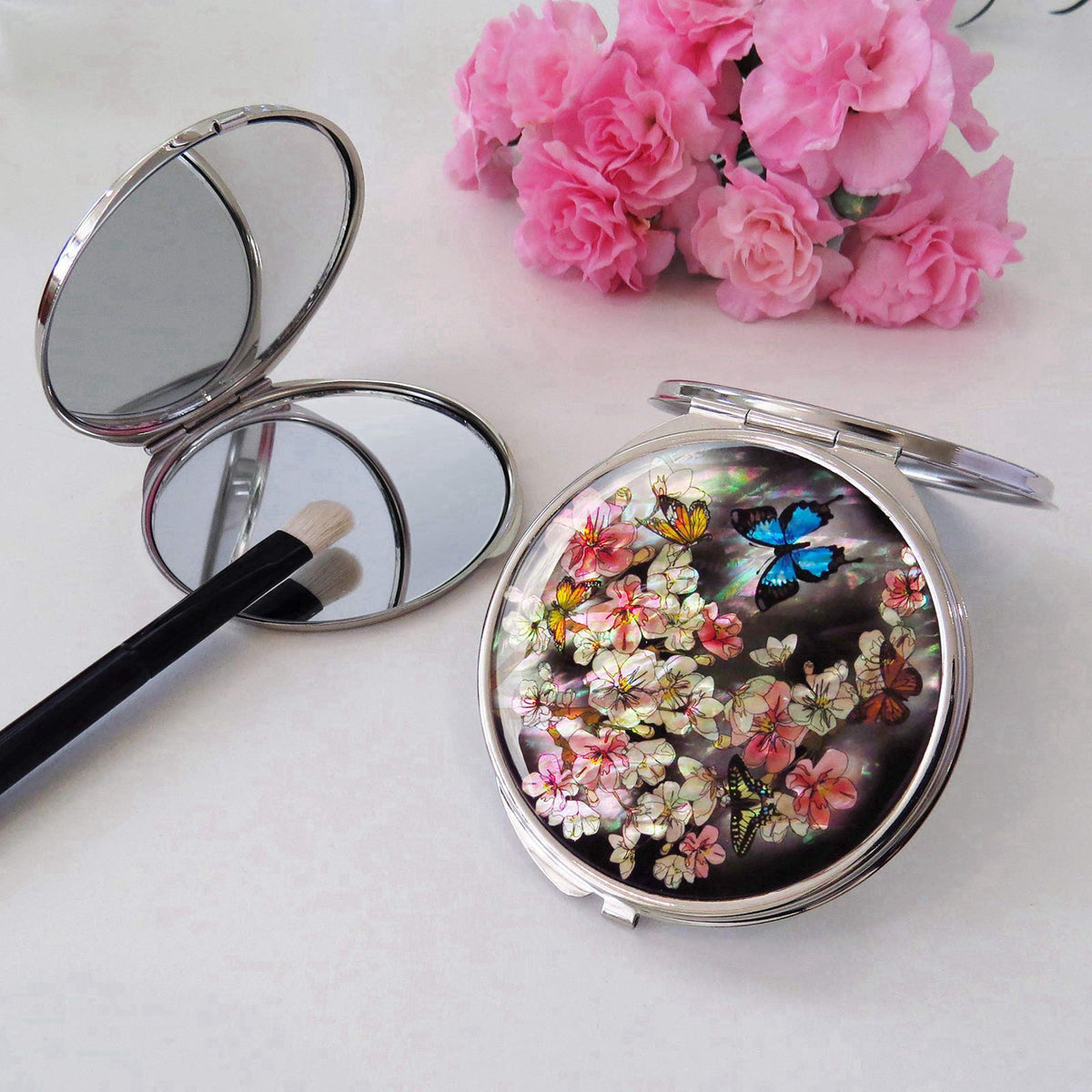 MADDesign Mother of Pearl Makeup Compact Mirror Apricot Flower Butterfly – full view
