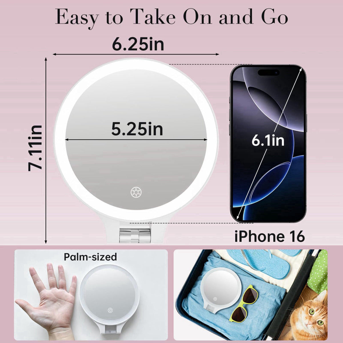 FASCINATE Magnifying Mirror with Light Double Sided travel mirror with light – close-up detail in Off-white