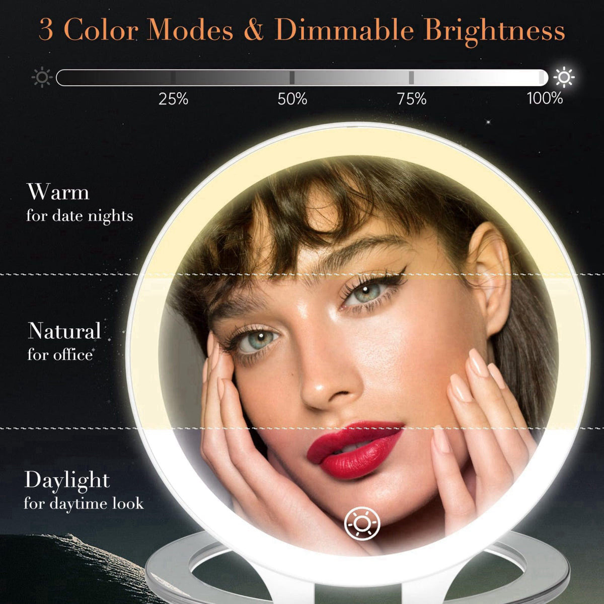 FASCINATE Magnifying Mirror with Light Double Sided travel mirror with light – packaging and label