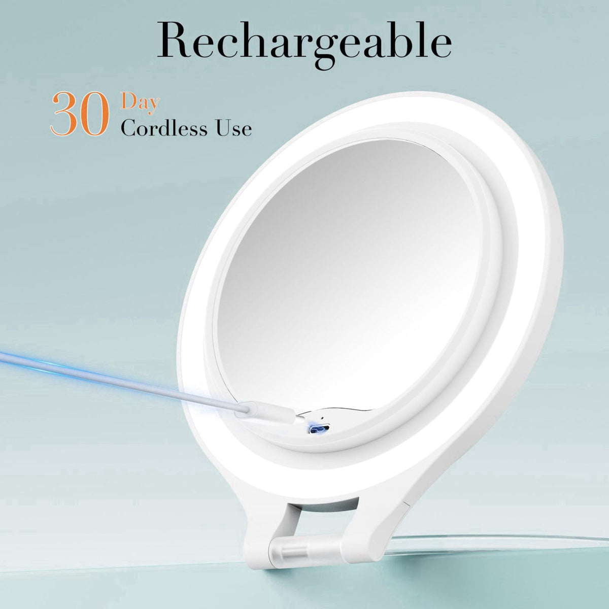 FASCINATE Magnifying Mirror with Light Double Sided travel mirror with light – back view and specifications