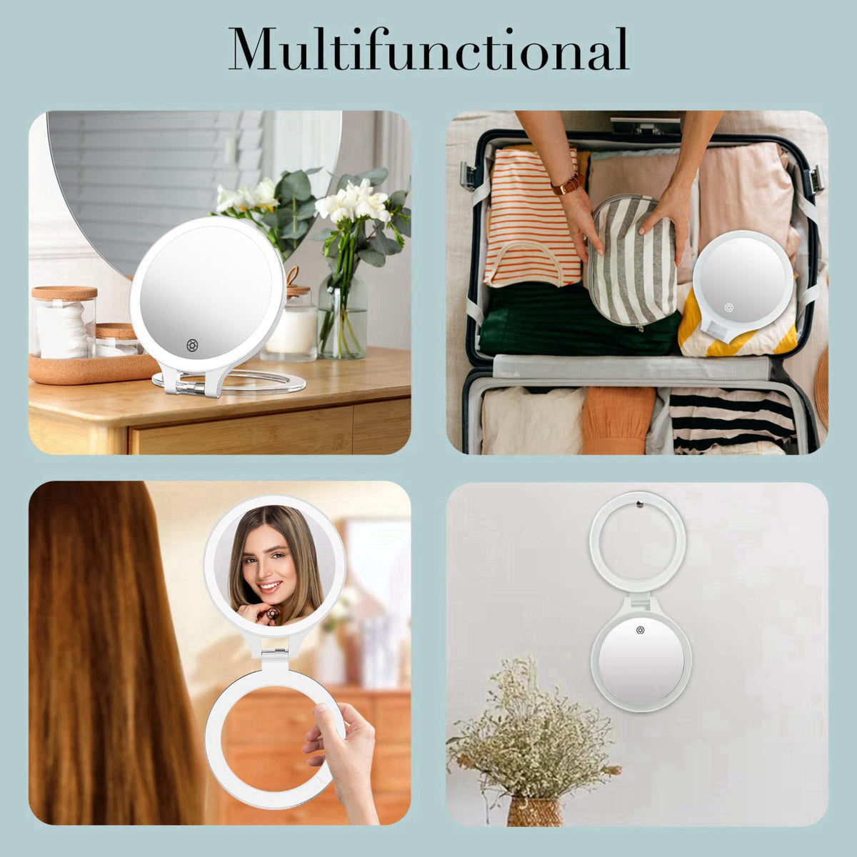 FASCINATE Magnifying Mirror with Light Double Sided travel mirror with light – alternate angle