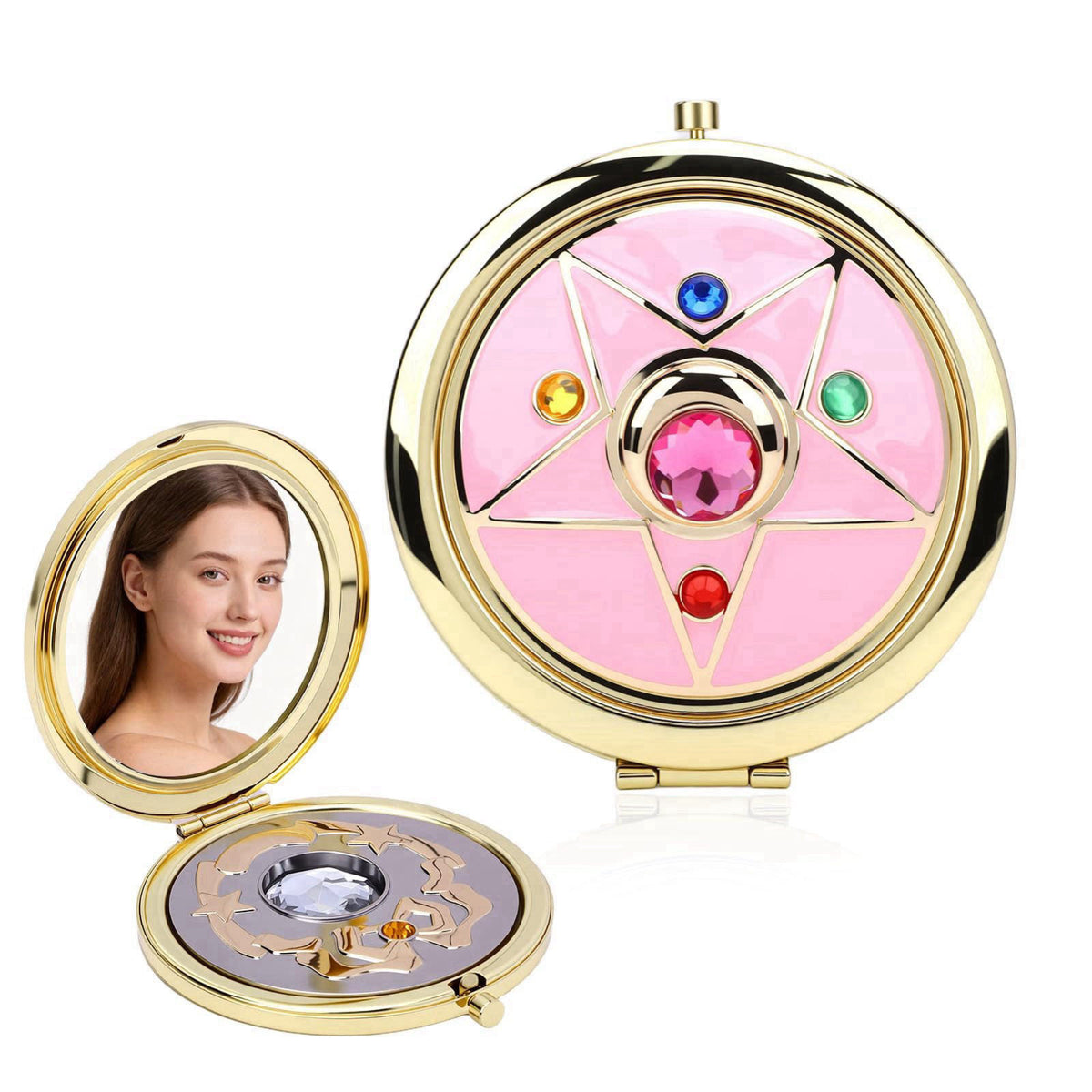 Saluaqui Anime Star Makeup Mirror, Cute Japanese Style Portable Folding Mirror with Crystal - 2.75 Inch Travel Purse Mir