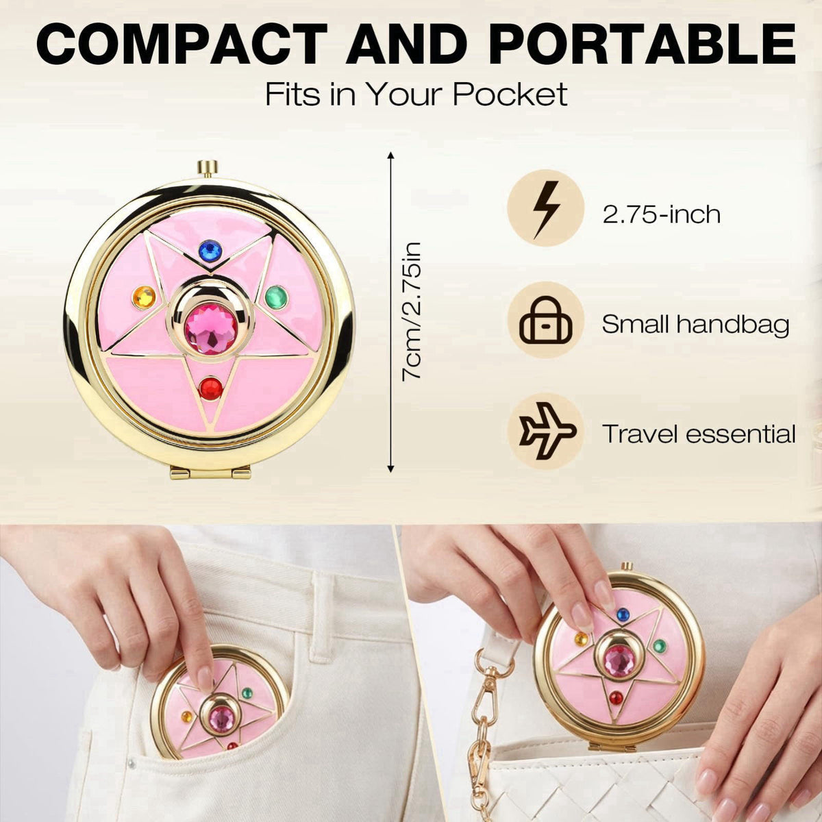 Saluaqui Anime Star Makeup Mirror, Cute Japanese Style Portable Folding Mirror with Crystal - 2.75 Inch Travel Purse Mir