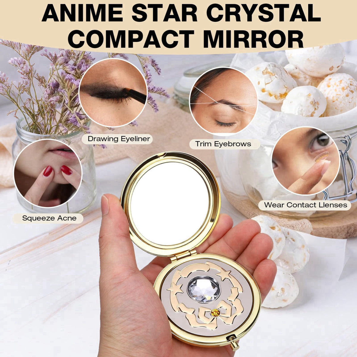 Saluaqui Anime Star Makeup Mirror, Cute Japanese Style Portable Folding Mirror with Crystal - 2.75 Inch Travel Purse Mir
