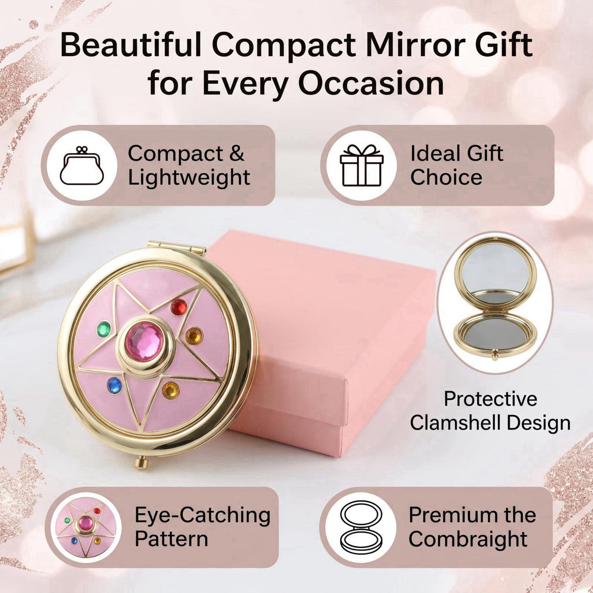 Saluaqui Anime Star Makeup Mirror, Cute Japanese Style Portable Folding Mirror with Crystal - 2.75 Inch Travel Purse Mir