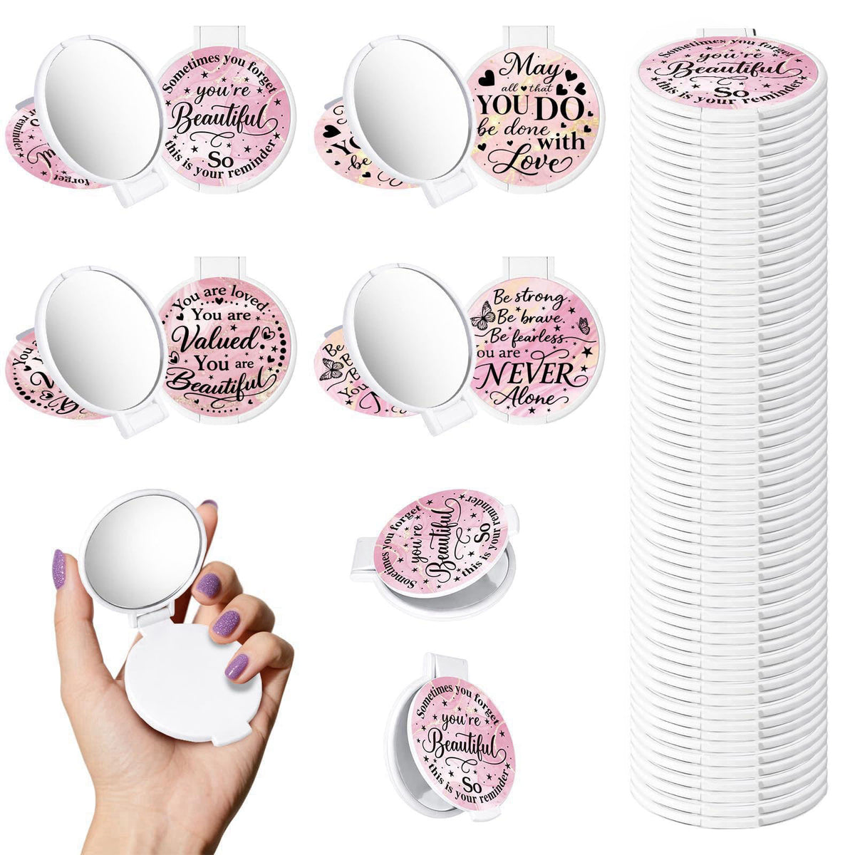 GLASSWINDS 100Pcs Round Folding Hand Compact Mini Pocket Mirrors Bulk, Inspiring White Makeup Gifts for Women Mother's D