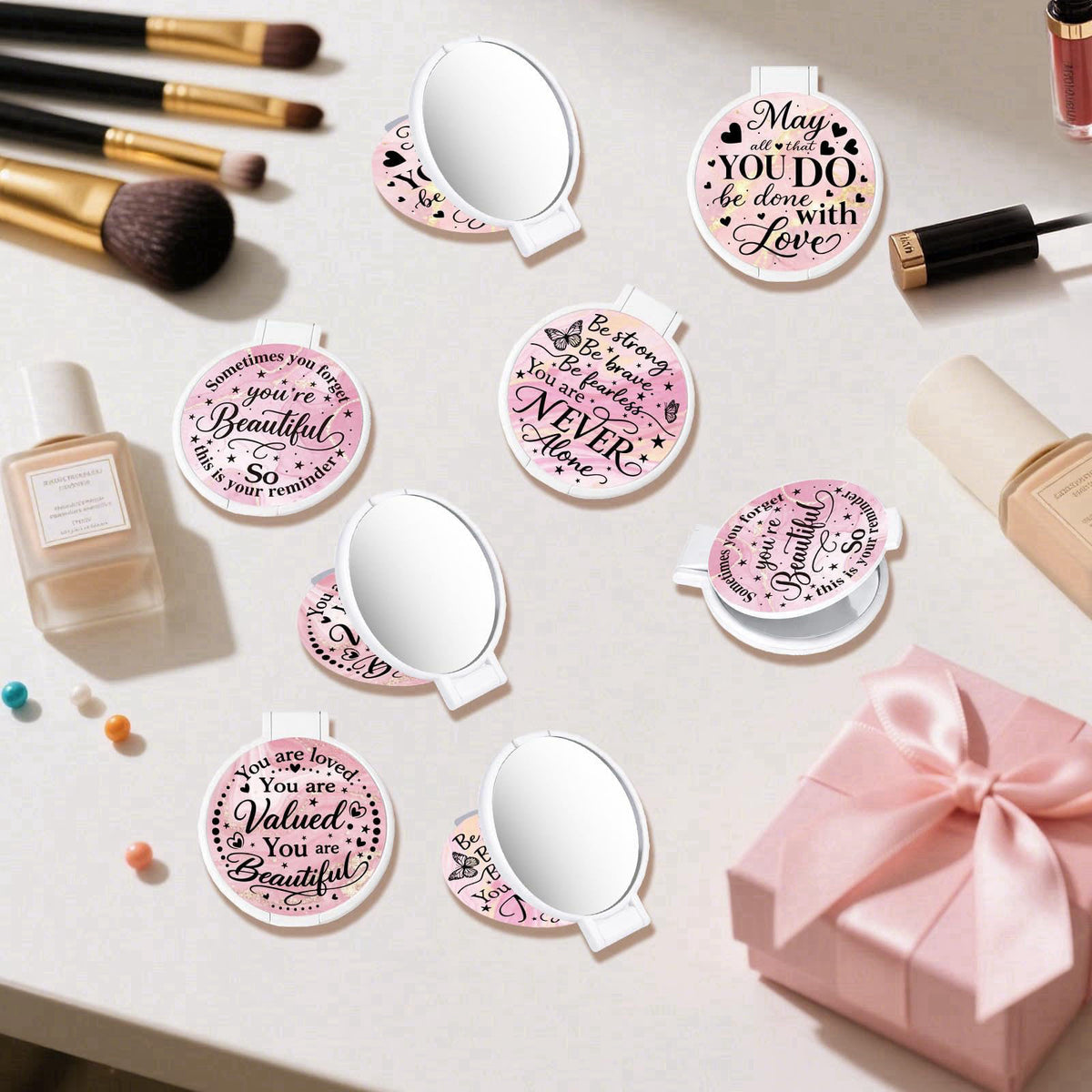 GLASSWINDS 100Pcs Round Folding Hand Compact Mini Pocket Mirrors Bulk, Inspiring White Makeup Gifts for Women Mother's D