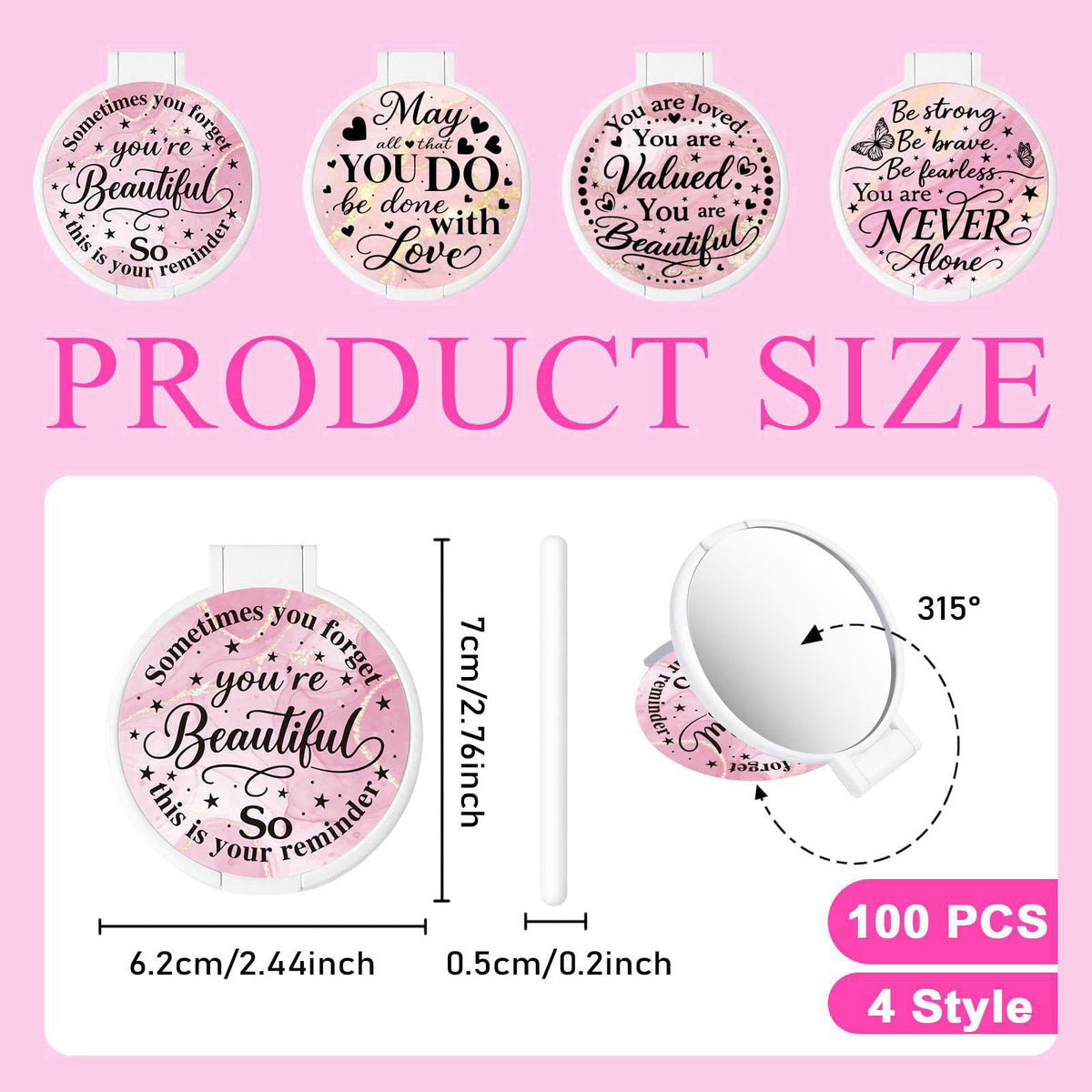 GLASSWINDS 100Pcs Round Folding Hand Compact Mini Pocket Mirrors Bulk, Inspiring White Makeup Gifts for Women Mother's D
