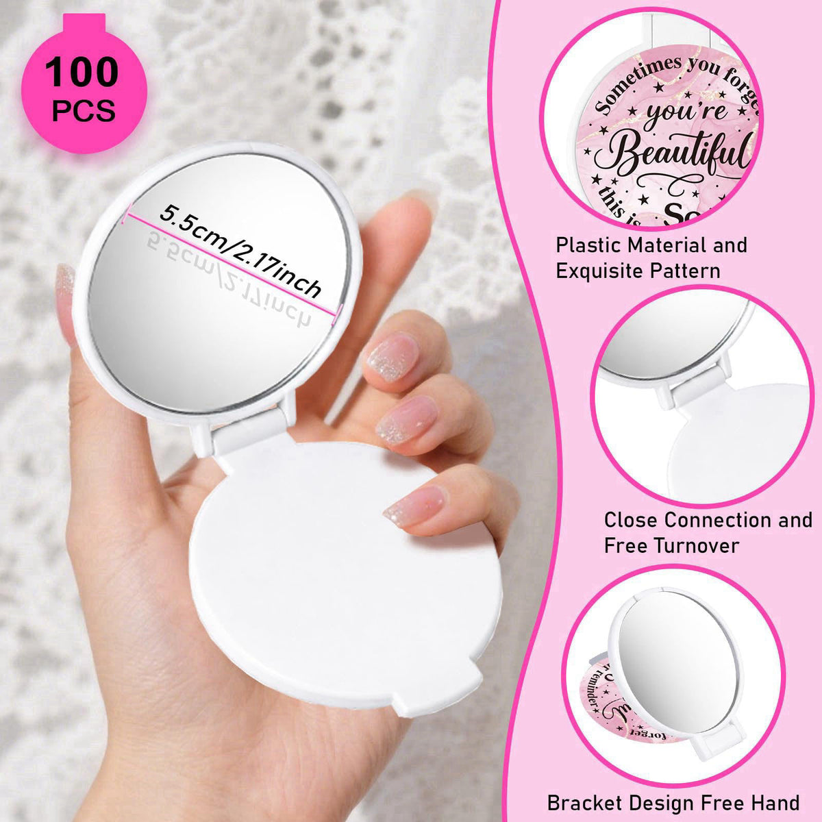 GLASSWINDS 100Pcs Round Folding Hand Compact Mini Pocket Mirrors Bulk, Inspiring White Makeup Gifts for Women Mother's D