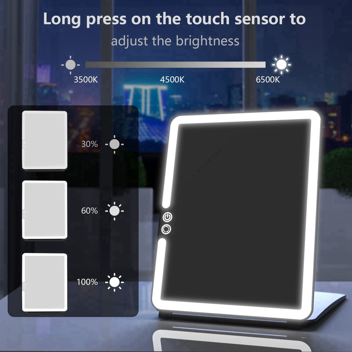 WEILY Portable Travel Mirror ，Foldable Makeup Mirror with 72 LED Lights – back view and specifications