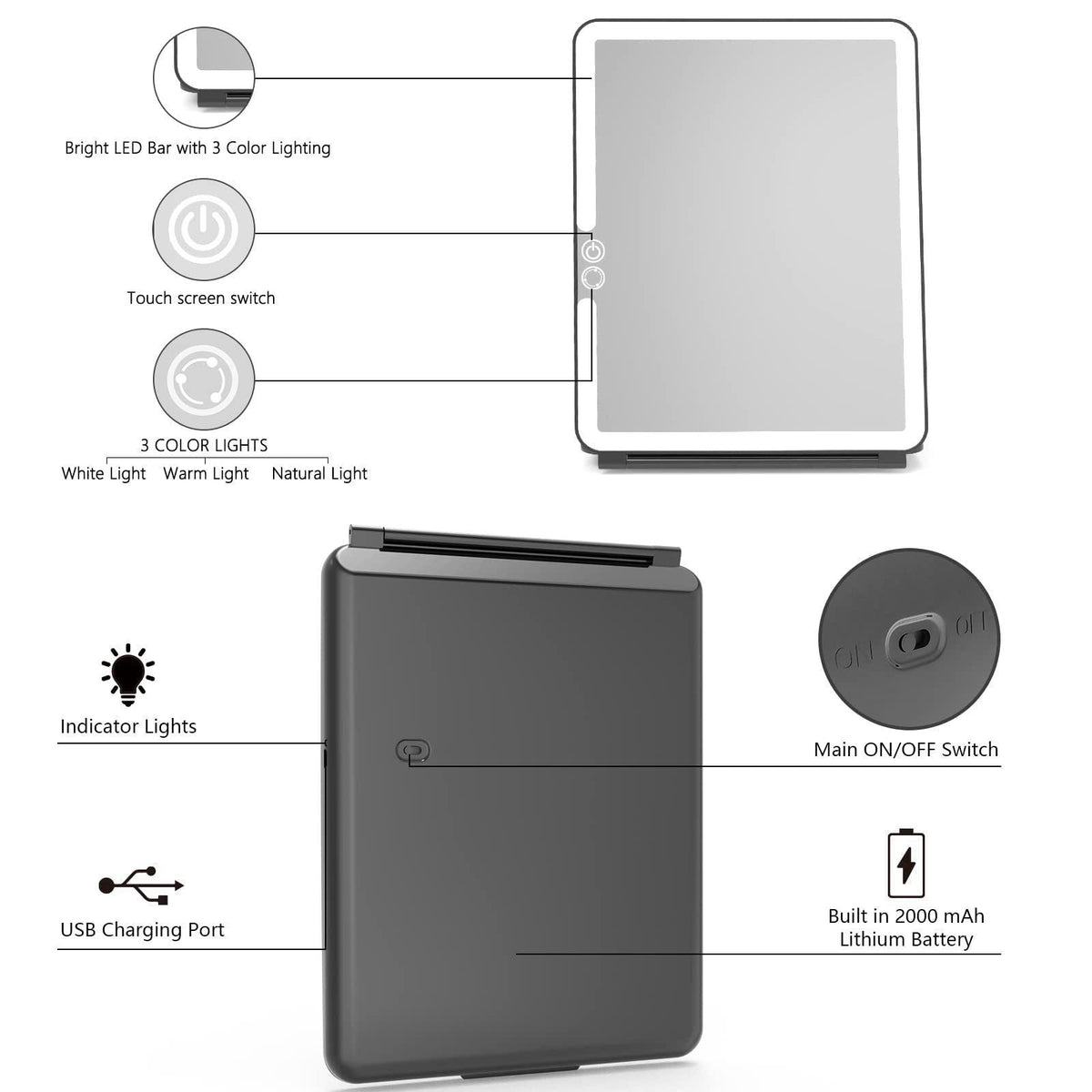WEILY Portable Travel Mirror ，Foldable Makeup Mirror with 72 LED Lights – alternate angle