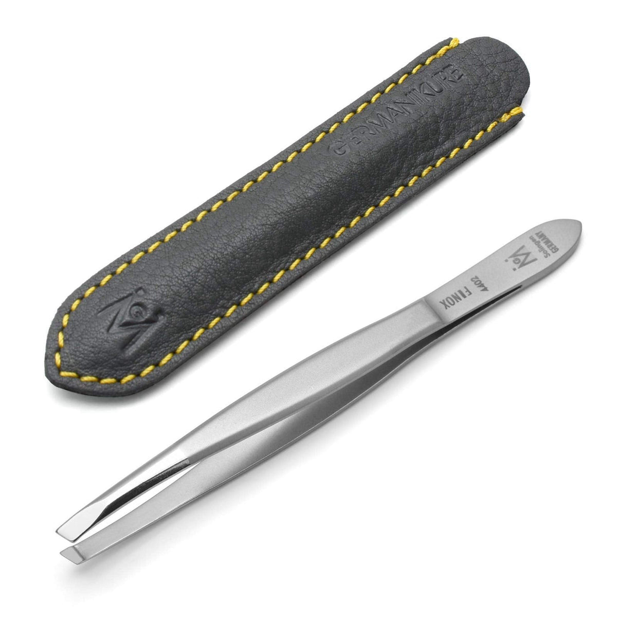 GERMANIKURE Slanted Tweezers, Precision German Steel, Leather Case – packaging and label