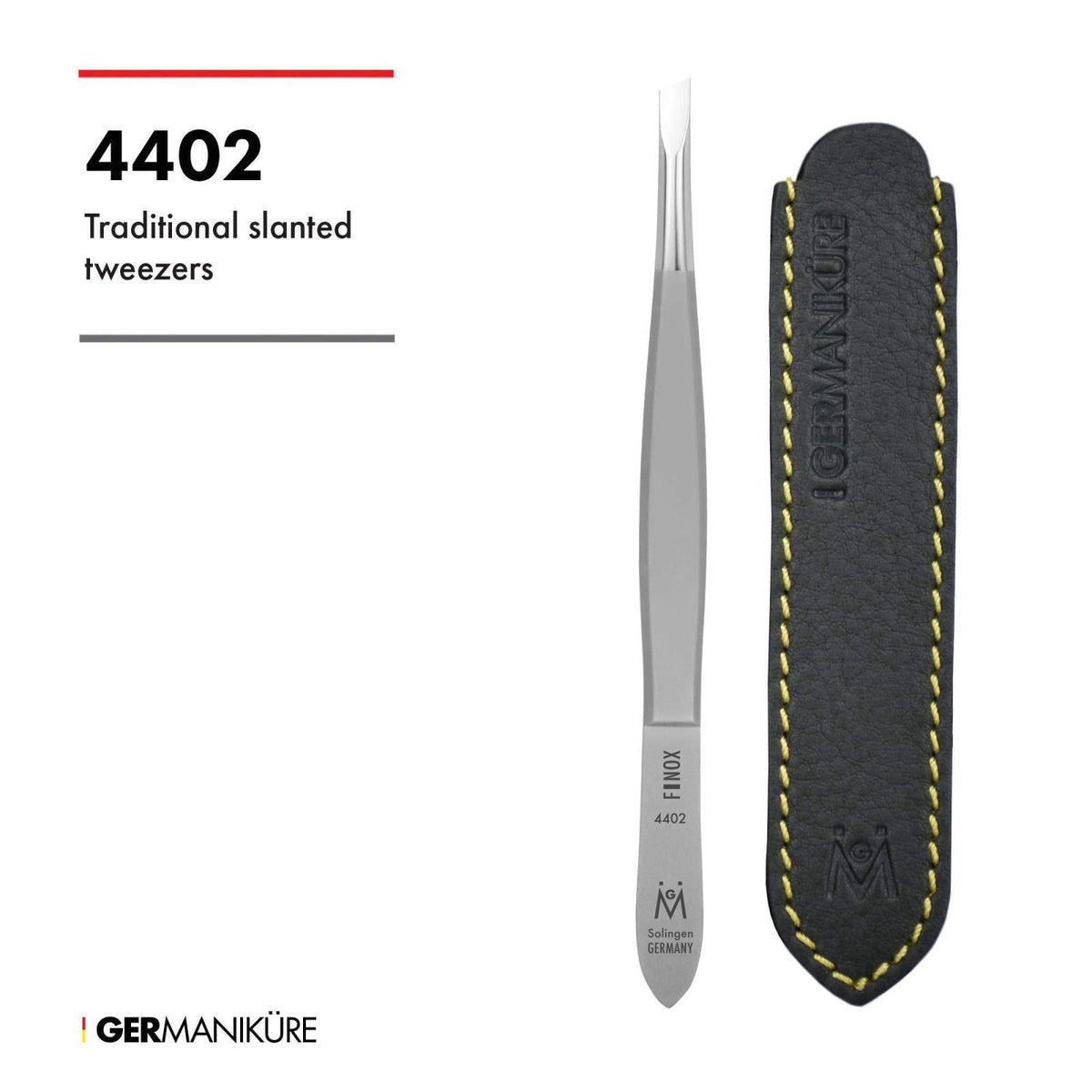 GERMANIKURE Slanted Tweezers, Precision German Steel, Leather Case – back view and specifications