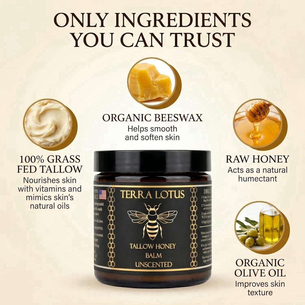 Terra Lotus - Organic Grass-Fed Beef Tallow Balm with Raw Honey - Moisturizing Cream - Handmade All-Natural Moisturizer 