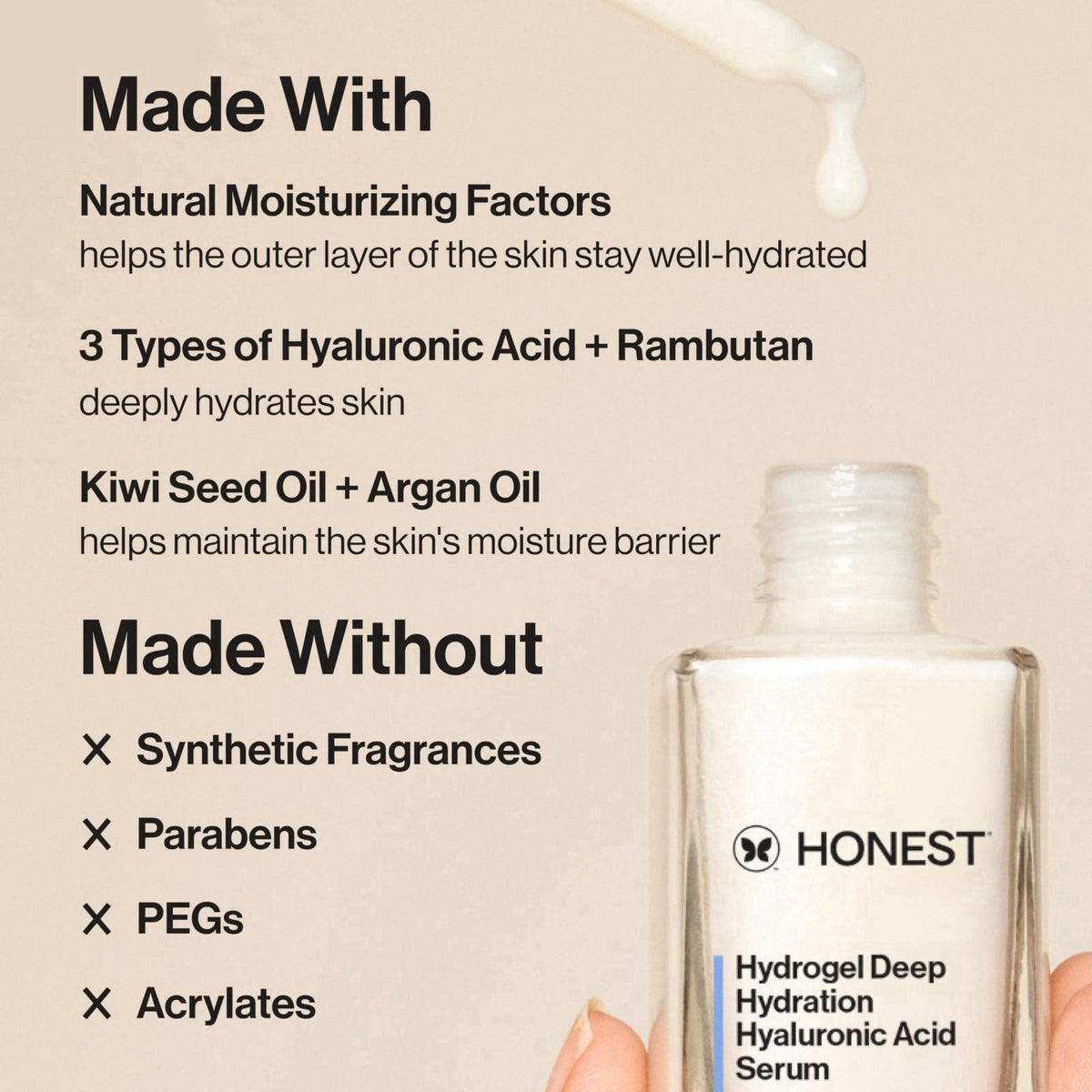 Honest Beauty Hydrogel Deep Hydration Hyaluronic Acid Serum, 1 fl oz – packaging and label