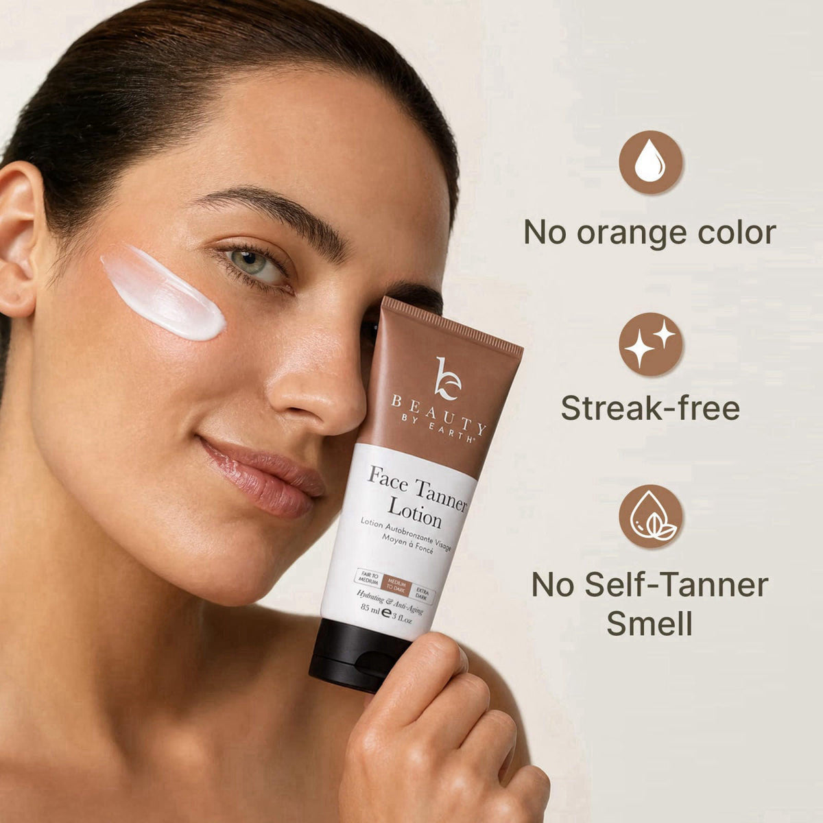 Beauty by Earth Face Tanner - USA Made with Natural & Organic Ingredients, Streak-Free Tan – packaging and label