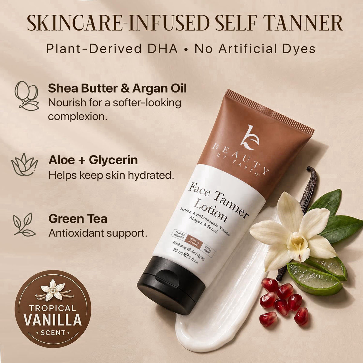 Beauty by Earth Face Tanner - USA Made with Natural & Organic Ingredients, Streak-Free Tan – back view and specification