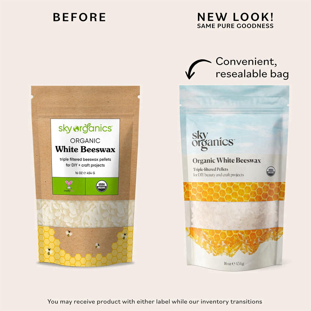 Sky Organics Organic White Beeswax Pellets 16oz, DIY Beauty, USDA Organic – close-up detail in White