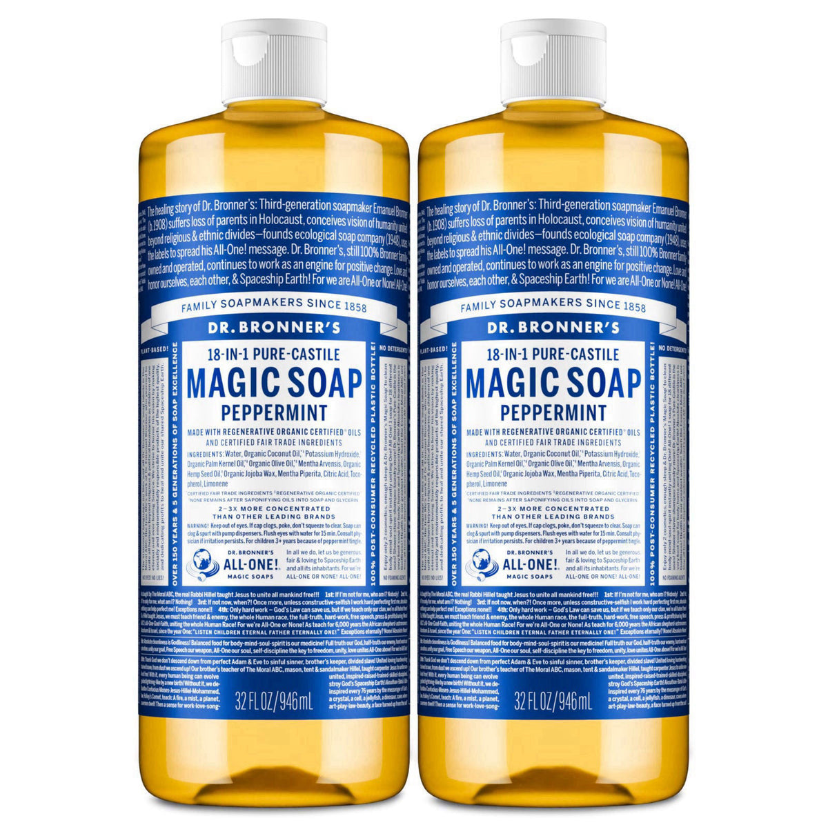 Dr. Bronner's Peppermint Pure-Castile Liquid Soap, Body Wash, 32 oz 2-Pack – product photo (Soaps)