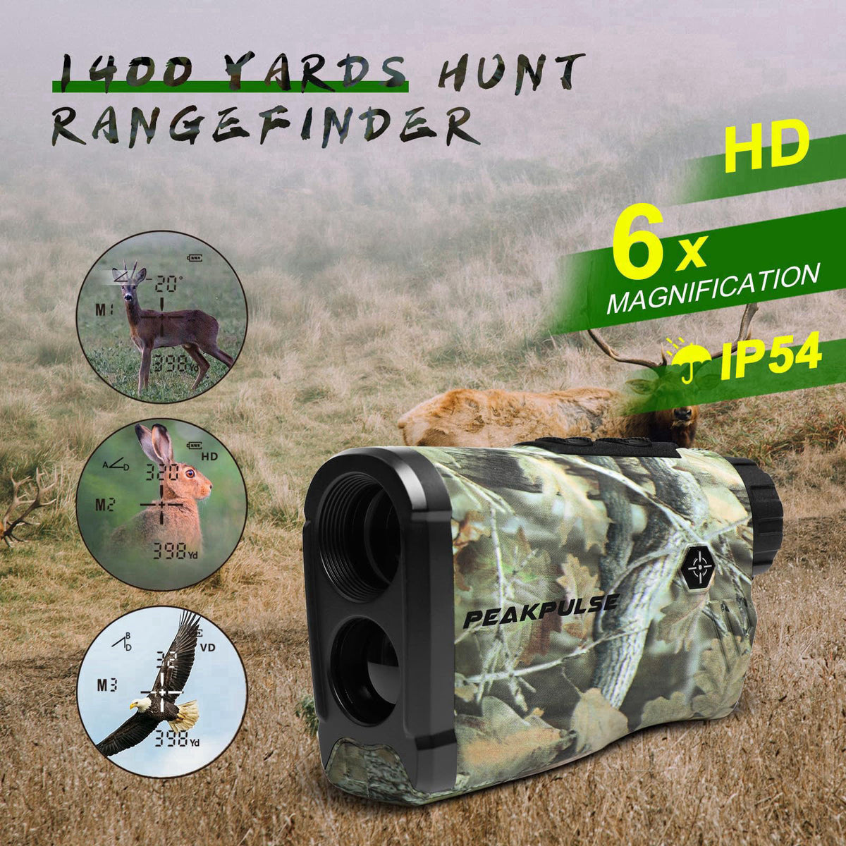 PEAKPULSE Hunting Range Finder 1400Yds 6X Angle Height Spare Batt. – packaging and label