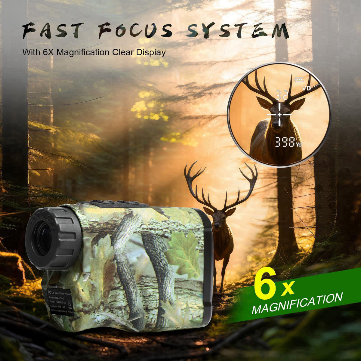 PEAKPULSE Hunting Range Finder 1400Yds 6X Angle Height Spare Batt. – back view and specifications