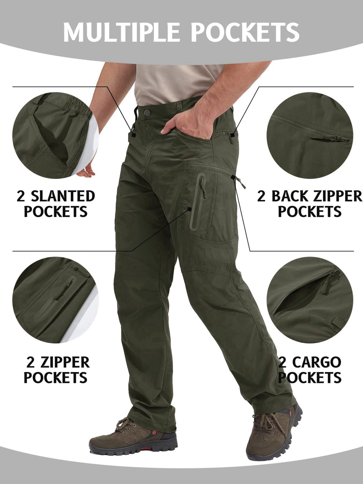 TACVASEN Men's Lightweight Hiking Tactical Pants Waterproof Quick Dry Cargo Work Rain Outdoor Pants 8 Pockets – full vie