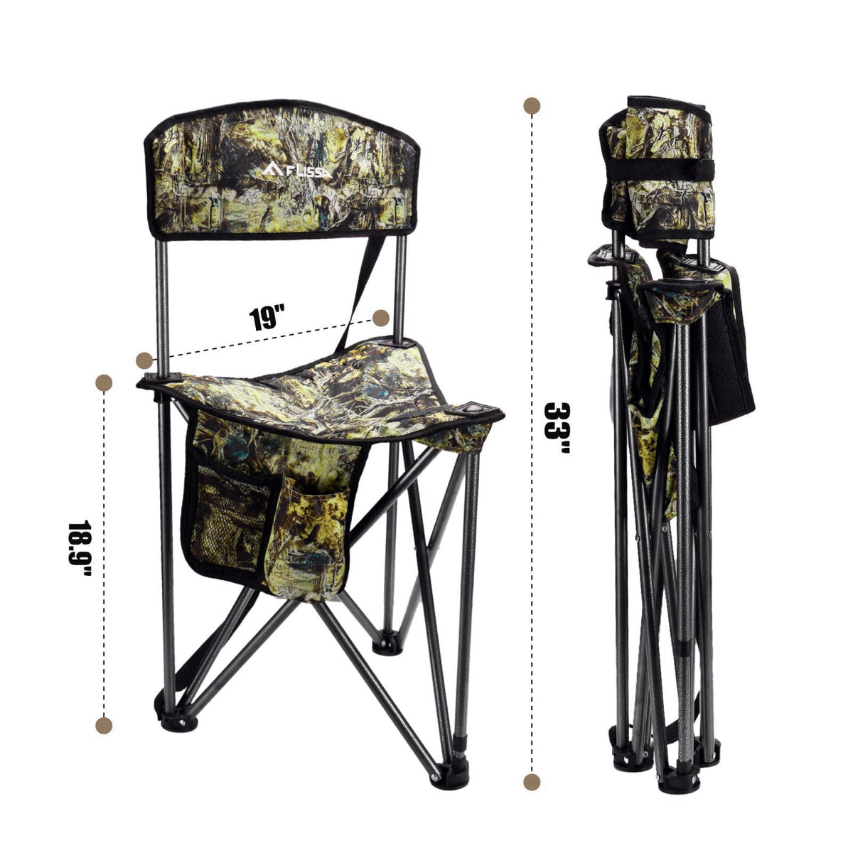FLISSA Hunting Chair with Backrest, Folding Tripod Hunting Chair, Camo – packaging and label