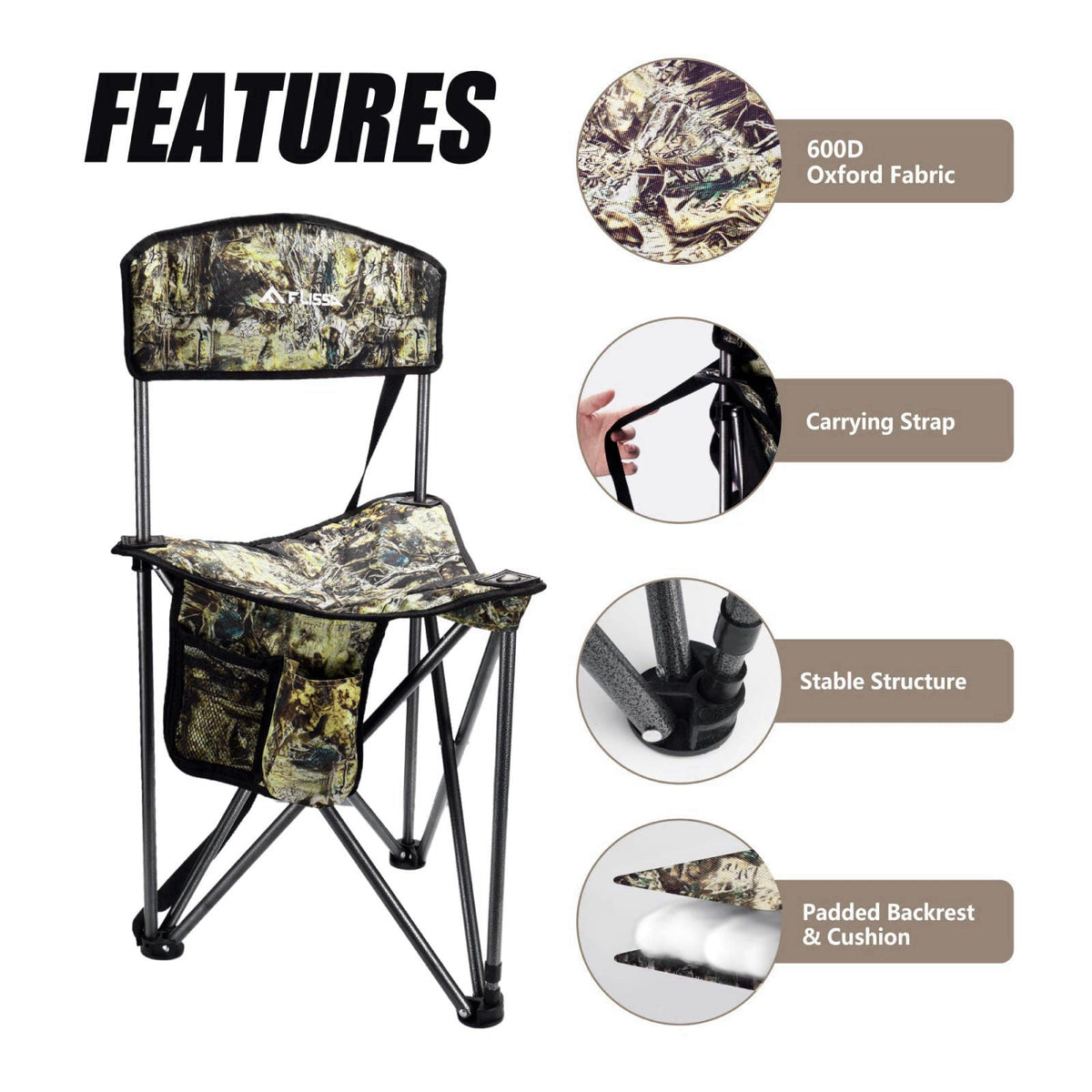 FLISSA Hunting Chair with Backrest, Folding Tripod Hunting Chair, Camo – full view