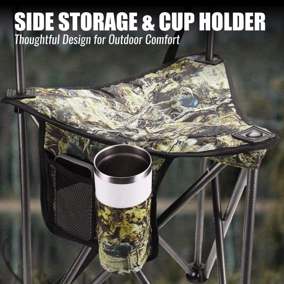 FLISSA Hunting Chair with Backrest, Folding Tripod Hunting Chair, Camo – back view and specifications